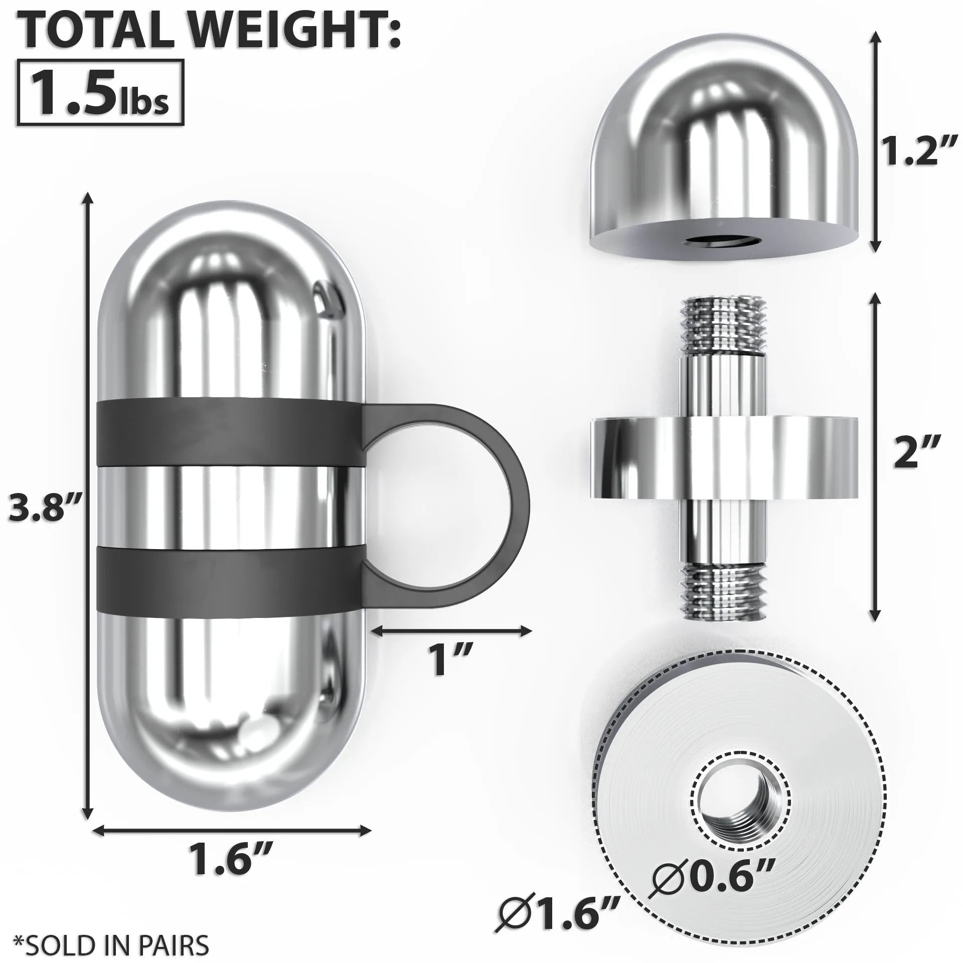 Pair of 1.5 lb chrome dumbbell handles with black grip bands, including threaded bar connector and weight plate collars with measurements labeled.