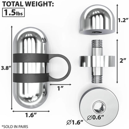 Pair of 1.5 lb chrome dumbbell handles with black grip bands, including threaded bar connector and weight plate collars with measurements labeled.