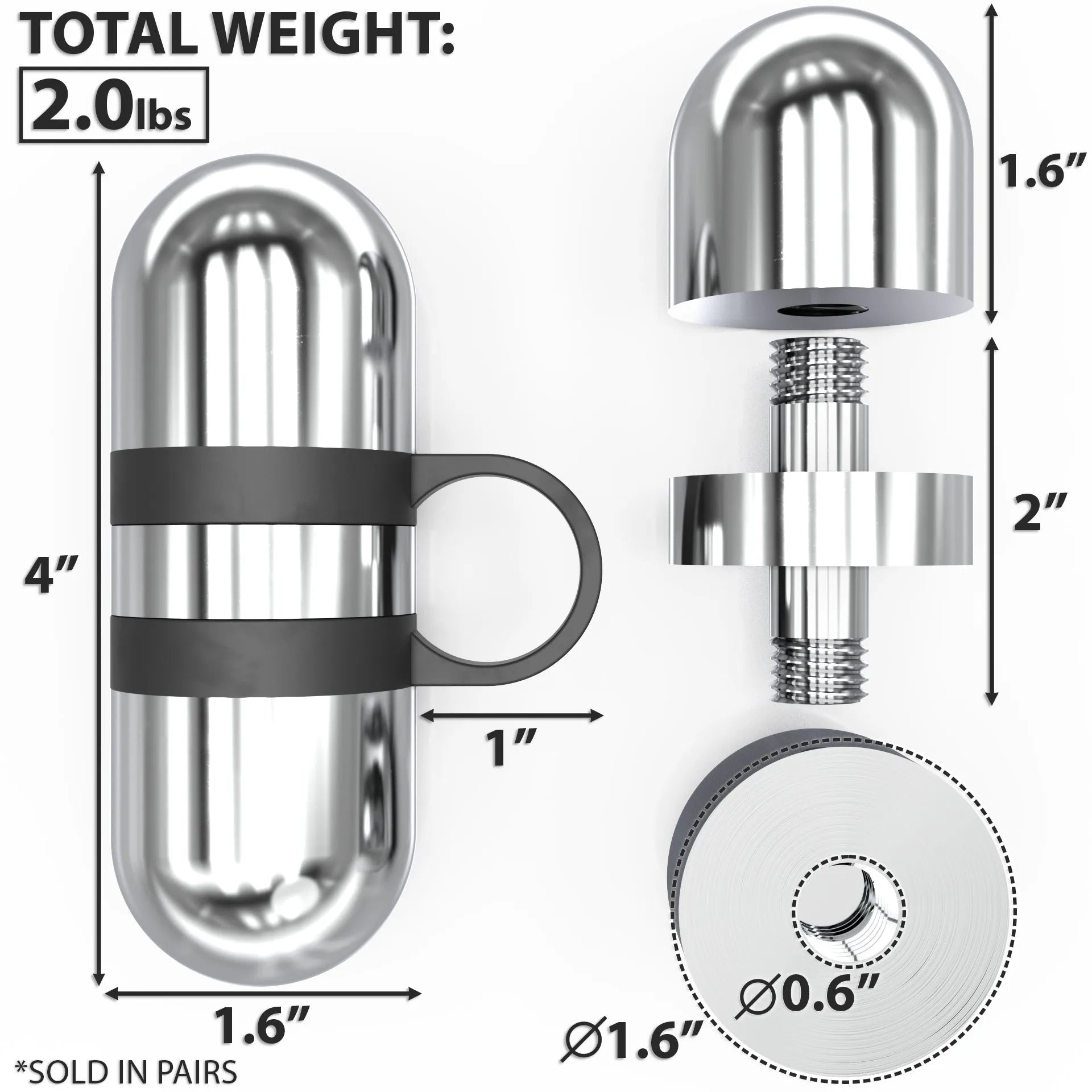 Polished steel kettlebell handle weight with black grip bands, shown in multiple angles with dimensions and 2.0 lbs total weight marking. Includes removable top cap and weight plate components.