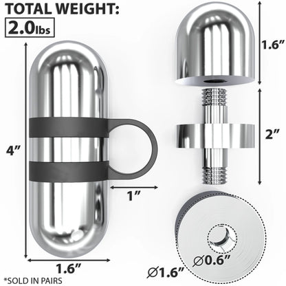 Polished steel kettlebell handle weight with black grip bands, shown in multiple angles with dimensions and 2.0 lbs total weight marking. Includes removable top cap and weight plate components.