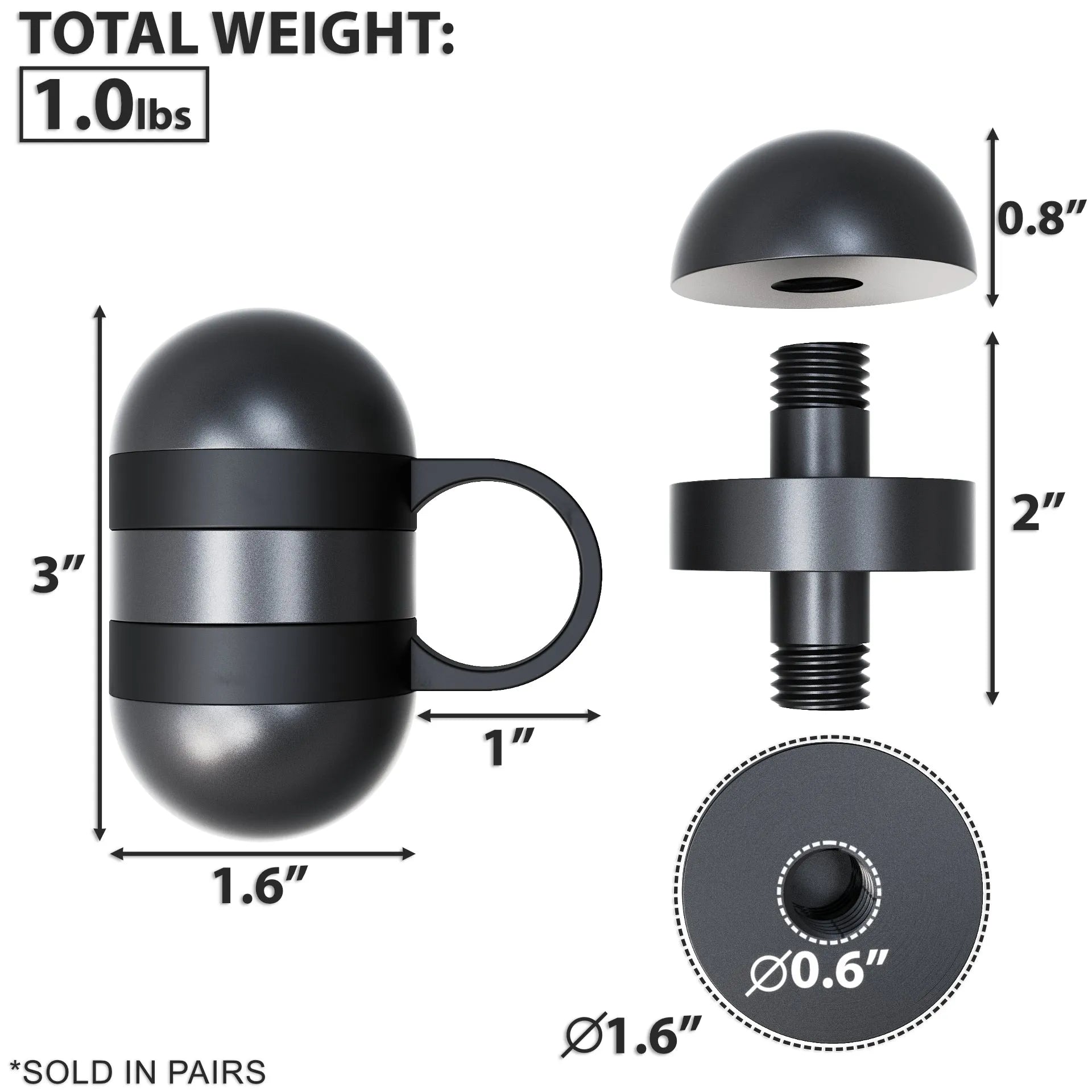 Black hand weights with dome-shaped tops and rubber grip bands, displayed in assembled and disassembled views. Total weight 1.0 lbs per unit, sold in pairs.