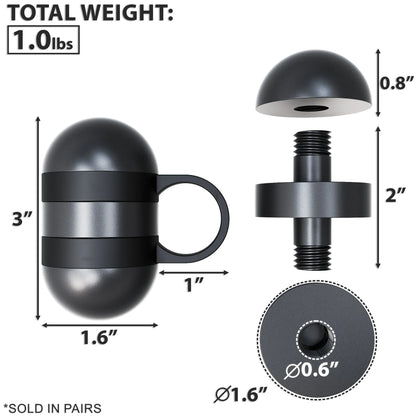 Black hand weights with dome-shaped tops and rubber grip bands, displayed in assembled and disassembled views. Total weight 1.0 lbs per unit, sold in pairs.