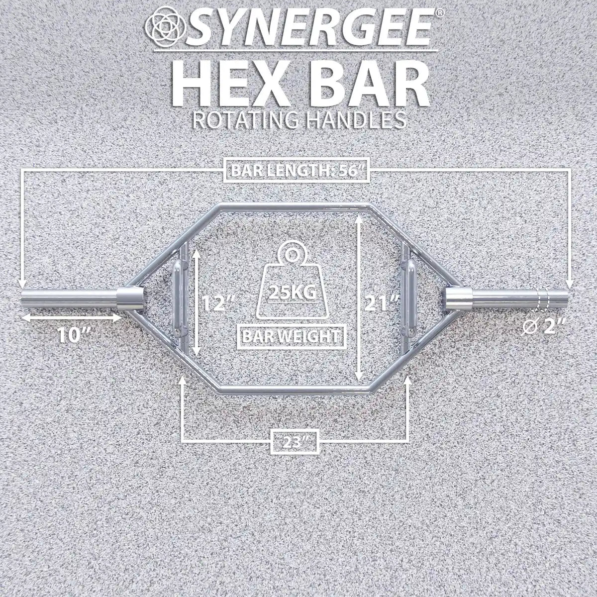 Synergee hex bar with rotating handles, 2-inch diameter sleeves, and 25kg bar weight marked on center plate. Bar length 56 inches with 10-inch grip width.
