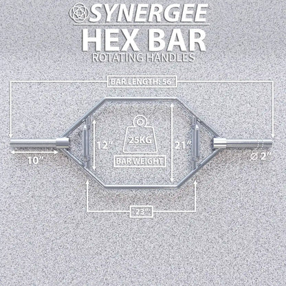 Synergee hex bar with rotating handles, 2-inch diameter sleeves, and 25kg bar weight marked on center plate. Bar length 56 inches with 10-inch grip width.