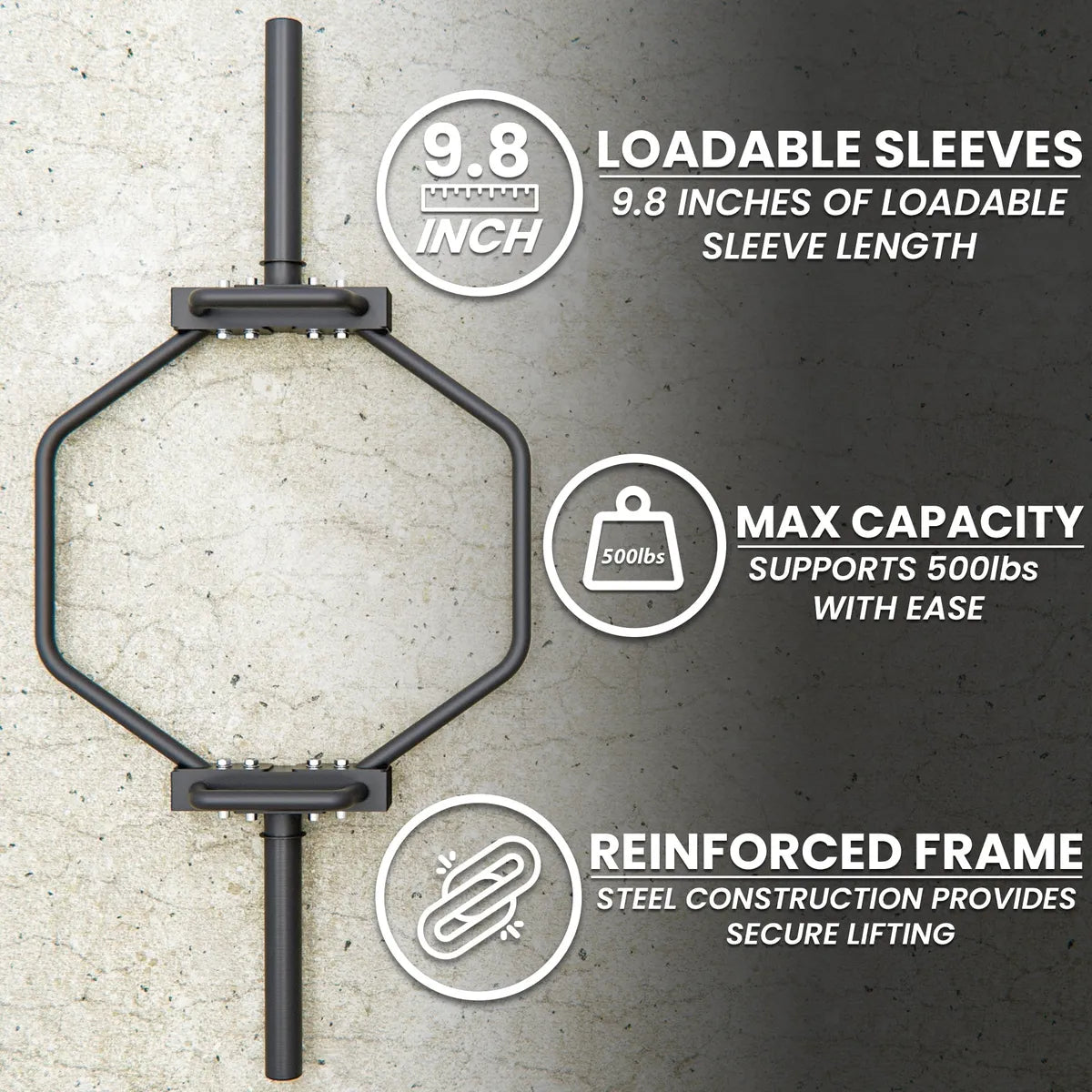 Black steel hex trap bar with central vertical shaft and loadable sleeves, displayed against concrete background with specification callouts indicating 9.8 inches of loadable sleeve length and 500lbs maximum capacity.