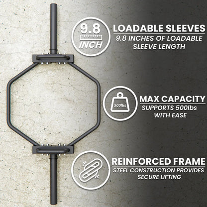 Black steel hex trap bar with central vertical shaft and loadable sleeves, displayed against concrete background with specification callouts indicating 9.8 inches of loadable sleeve length and 500lbs maximum capacity.