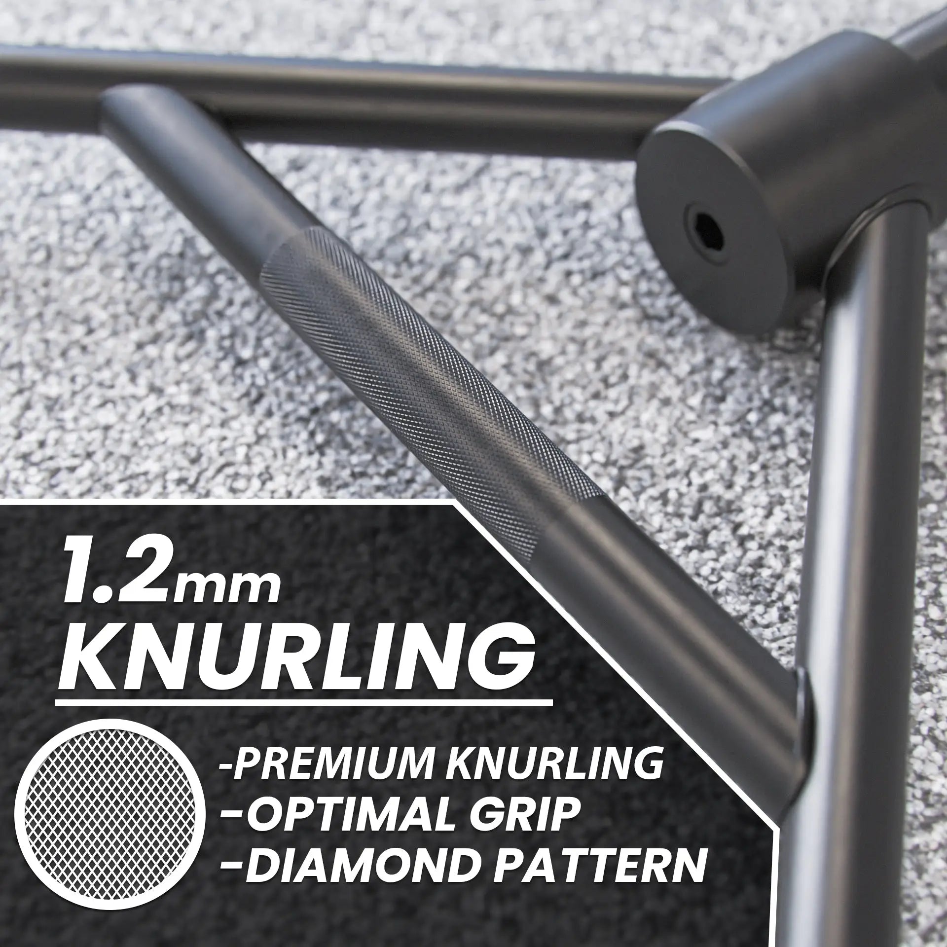 Black hex trap bar with 1.2mm knurled grip featuring diamond pattern texture on the bar handle.