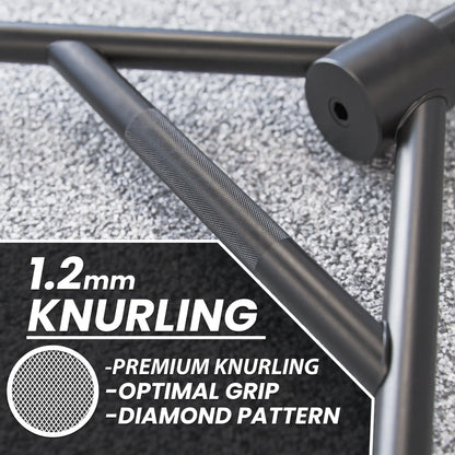 Black hex trap bar with 1.2mm knurled grip featuring diamond pattern texture on the bar handle.