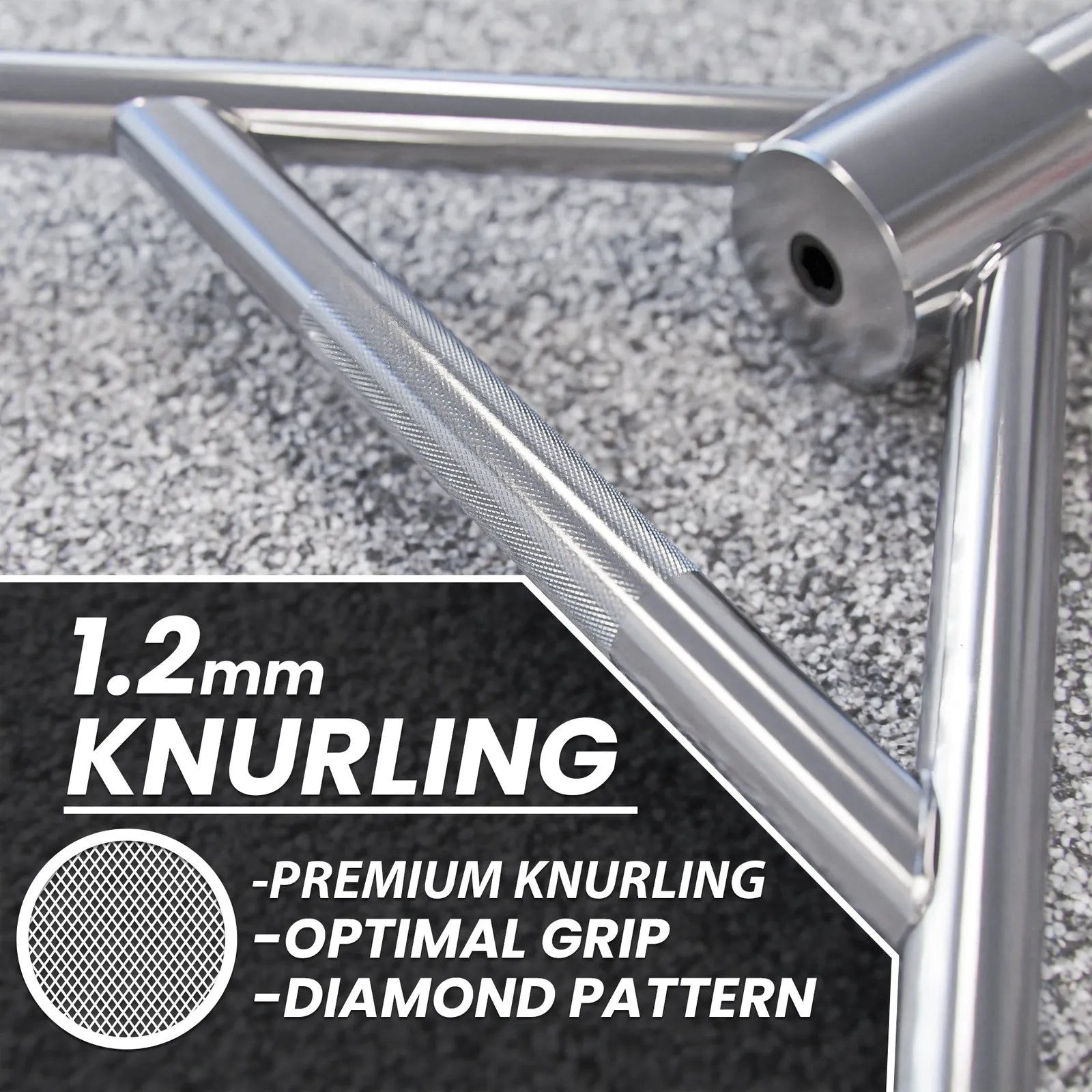 Chrome hexagonal trap bar with knurled grip featuring diamond pattern texture on the handle. The bar displays a 1.2mm knurling specification label on a textured gray background.