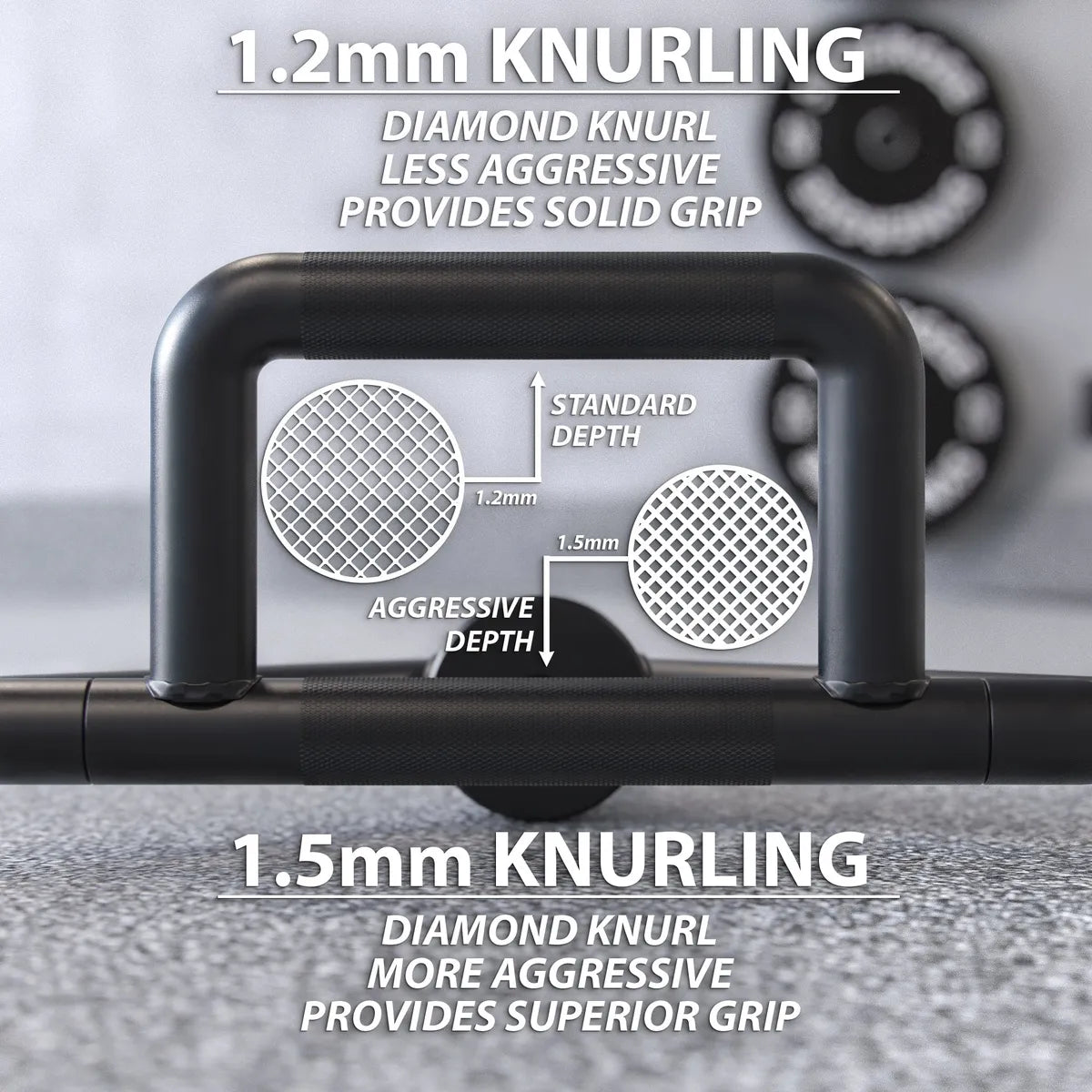 Black hexagonal trap bar with textured rubber grip handle displayed with close-up comparison diagrams showing 1.2mm and 1.5mm diamond knurl depth patterns.