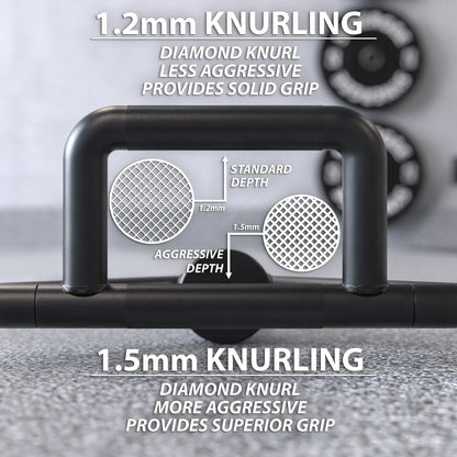 Black hexagonal trap bar with textured rubber grip handle displayed with close-up comparison diagrams showing 1.2mm and 1.5mm diamond knurl depth patterns.