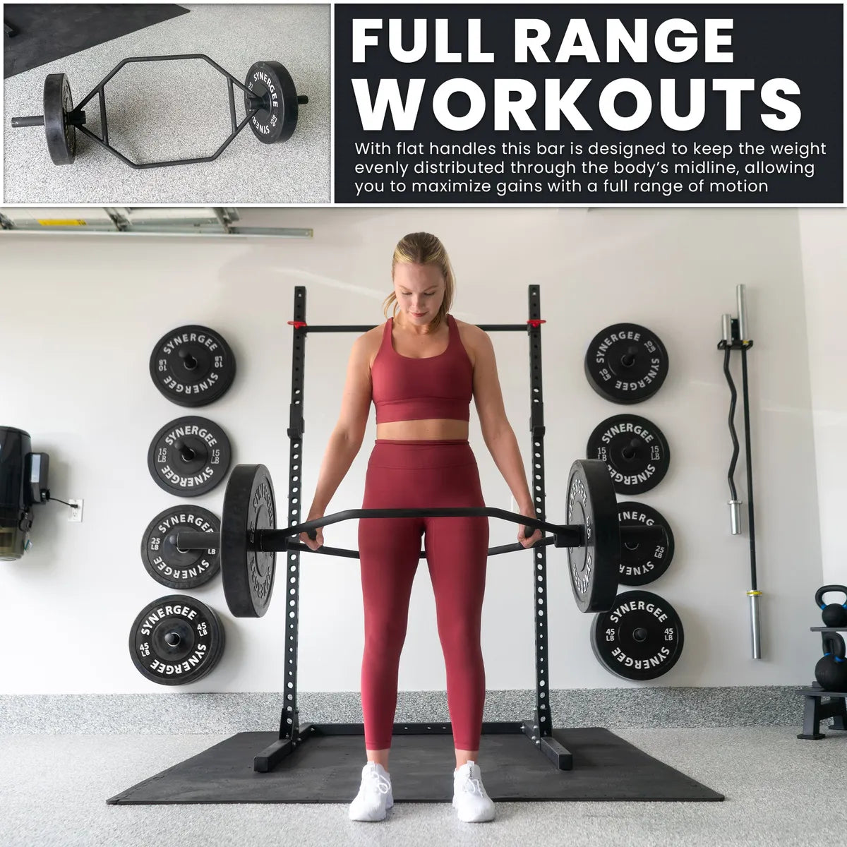 Woman holding a trap bar with flat handles and loaded weight plates during a deadlift exercise in a gym setting. Top inset shows the hexagonal bar design with attached weight plates.