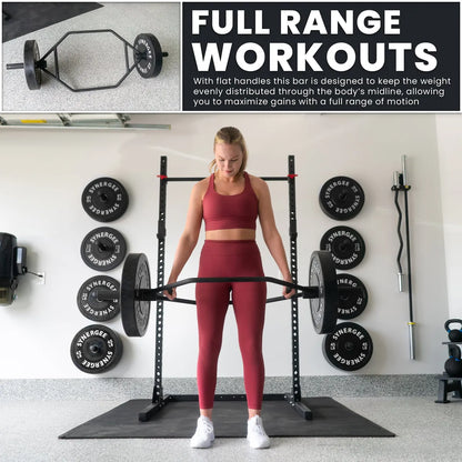 Woman holding a trap bar with flat handles and loaded weight plates during a deadlift exercise in a gym setting. Top inset shows the hexagonal bar design with attached weight plates.