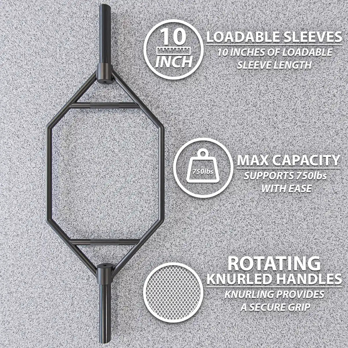 Black hexagon trap bar with 10 inches of loadable sleeve length on each side and rotating knurled handles. Supports maximum capacity of 750 pounds.