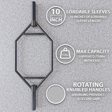 Black hexagon trap bar with 10 inches of loadable sleeve length on each side and rotating knurled handles. Supports maximum capacity of 750 pounds.