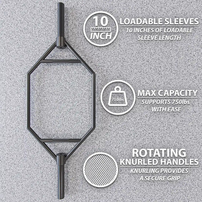 Black hexagon trap bar with 10 inches of loadable sleeve length on each side and rotating knurled handles. Supports maximum capacity of 750 pounds.