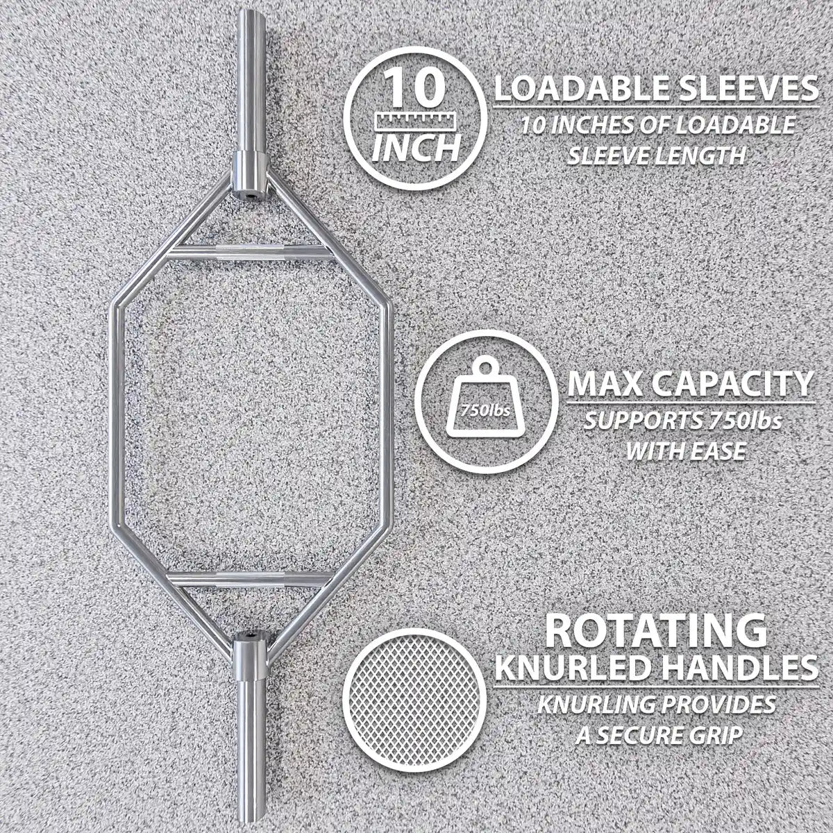 Chrome trap bar with 10-inch loadable sleeves and rotating knurled handles. Supports maximum capacity of 750 pounds on a textured gray background.