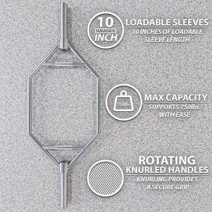 Chrome trap bar with 10-inch loadable sleeves and rotating knurled handles. Supports maximum capacity of 750 pounds on a textured gray background.