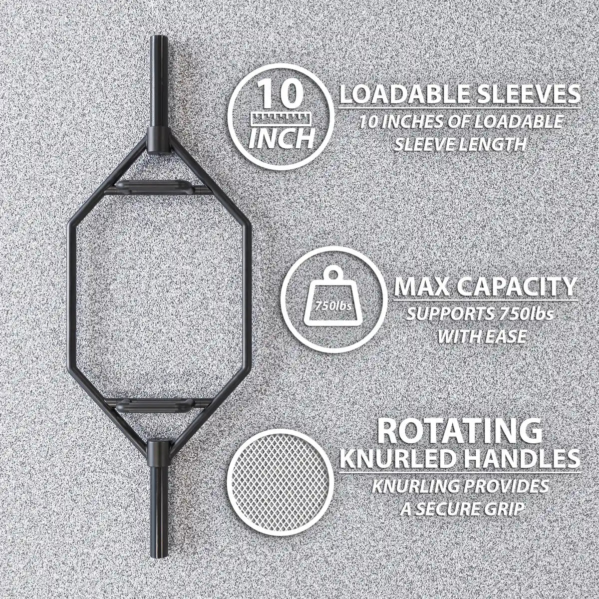 Black hex trap bar with rotating knurled handles and 10 inches of loadable sleeve length, supporting a maximum capacity of 750 lbs.