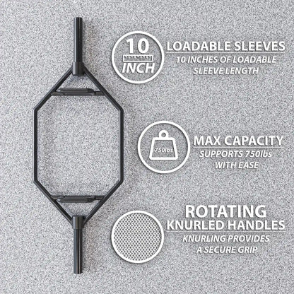 Black hex trap bar with rotating knurled handles and 10 inches of loadable sleeve length, supporting a maximum capacity of 750 lbs.