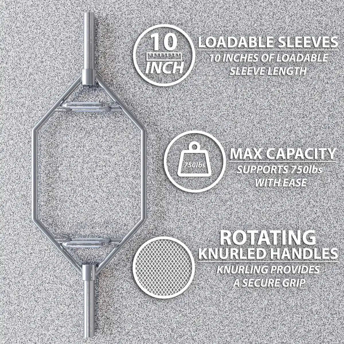 Hex trap bar with 10-inch loadable sleeves and rotating knurled handles on a gray textured background. Callouts indicate 750lbs maximum capacity.