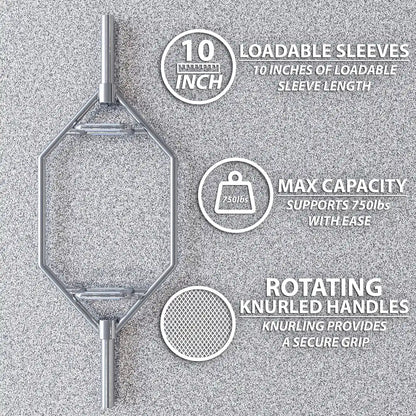 Hex trap bar with 10-inch loadable sleeves and rotating knurled handles on a gray textured background. Callouts indicate 750lbs maximum capacity.