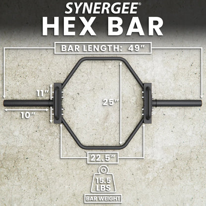Synergee hex trap bar with 49-inch bar length, black steel frame with hexagonal shape and rubber-gripped handles. Labeled dimensions include 25-inch height, 22.5-inch width, 11-inch and 10-inch grip areas, and 15.5 lbs bar weight.