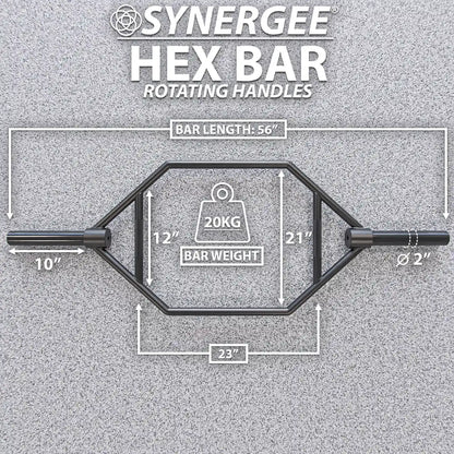 Synergee hex bar with rotating handles, black steel construction, 56-inch bar length, 20kg weight, 2-inch diameter sleeves, and dimension callouts showing 10-inch grip width and 12-21-inch handle positions.