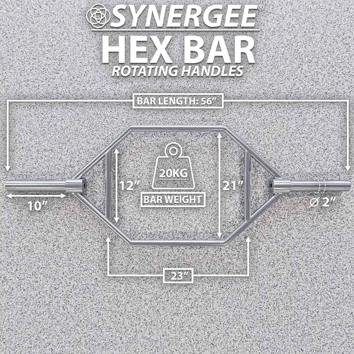 Synergee hex bar with rotating handles, 56-inch bar length, 20kg weight, and 2-inch diameter sleeves shown in overhead technical diagram with measurements.