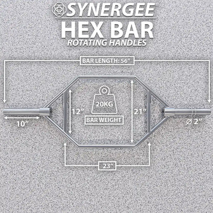 Synergee hex bar with rotating handles, 56-inch bar length, 20kg weight, and 2-inch diameter sleeves shown in overhead technical diagram with measurements.