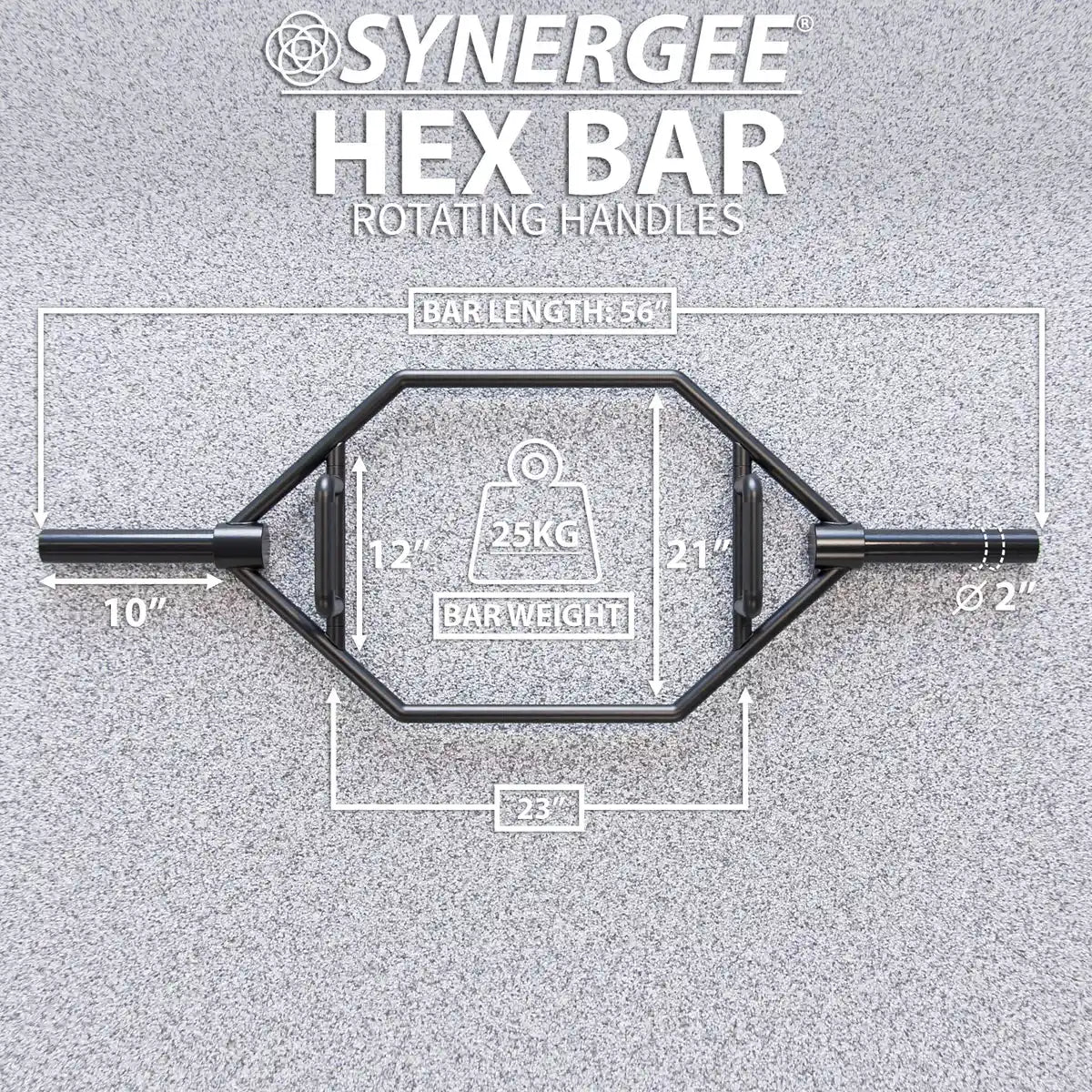 Synergee hex trap bar with rotating handles, black steel construction, 2.25-inch diameter sleeves, and 56-inch bar length marked on gray background.