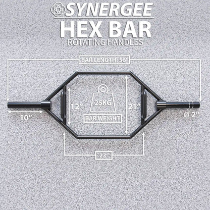 Synergee hex trap bar with rotating handles, black steel construction, 2.25-inch diameter sleeves, and 56-inch bar length marked on gray background.