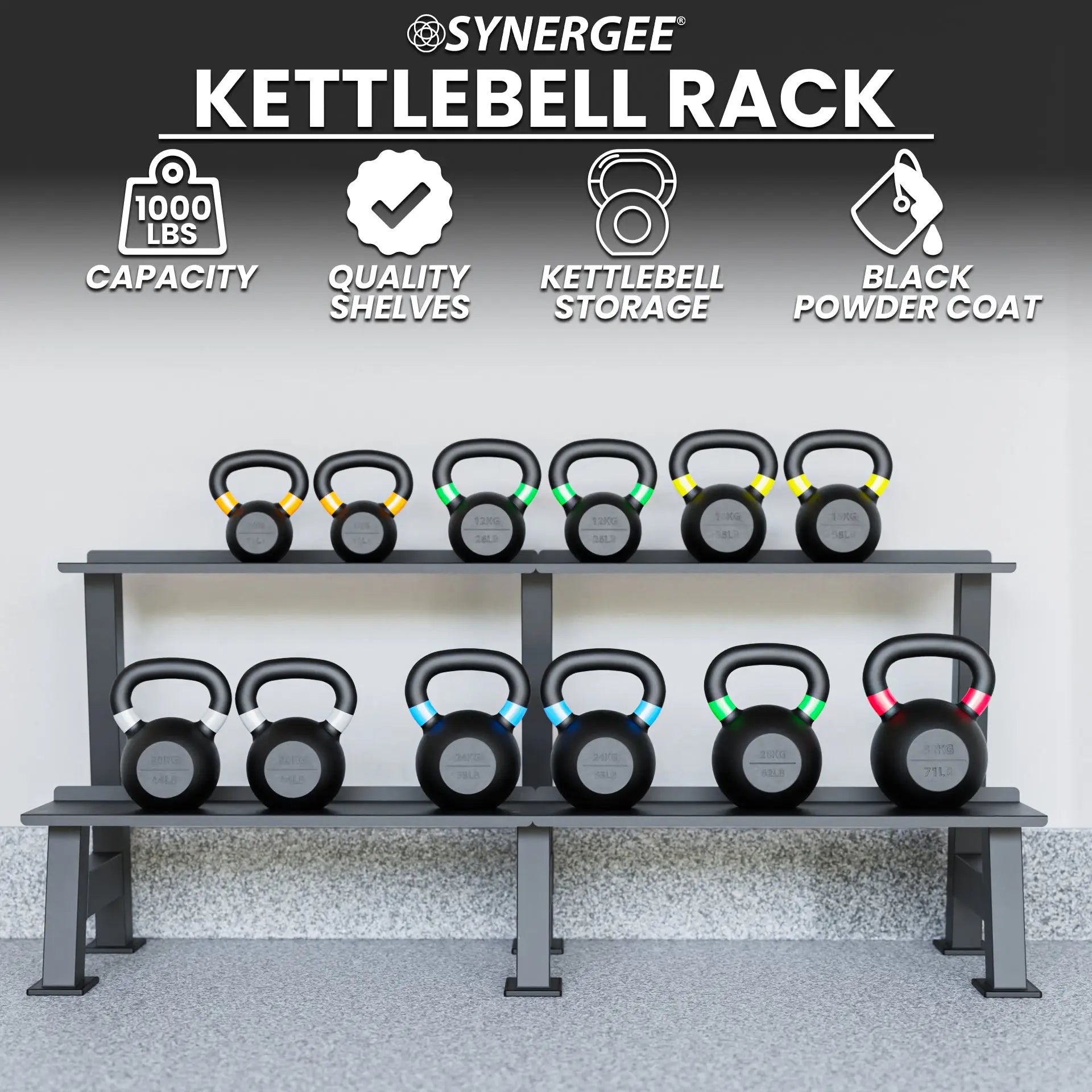 Two-tier gray steel kettlebell rack holding twelve black kettlebells with colored handles in various weights, set against a gym wall.