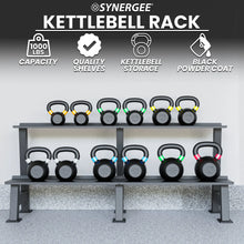 Two-tier gray steel kettlebell rack holding twelve black kettlebells with colored handles in various weights, set against a gym wall.