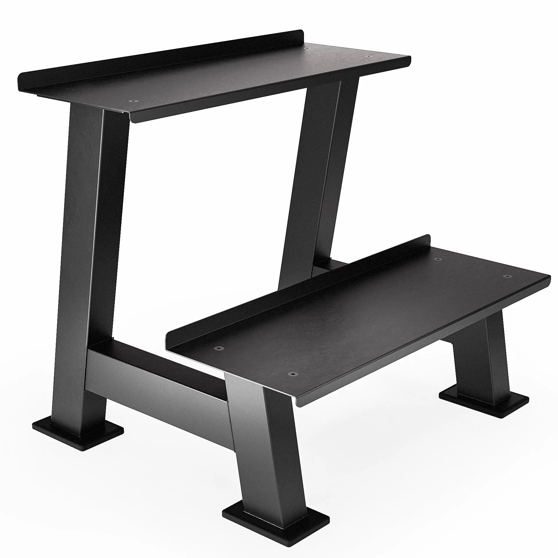 Black two-tier dumbbell and kettlebell storage rack with angled metal frame and rubber-padded shelves.