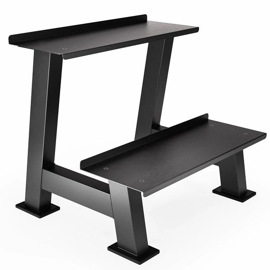 Black two-tier dumbbell and kettlebell storage rack with angled metal frame and rubber-padded shelves.