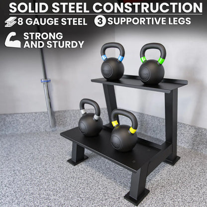 Black steel kettlebell rack with two tiers holding four kettlebells with colored handles (blue, green, yellow, and white), supported by three sturdy legs.