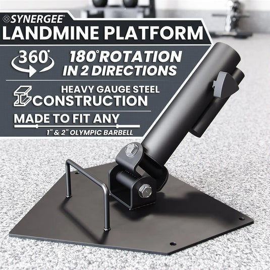 Synergee Landmine Platform with black steel construction and rotating arm attachment on flat base, designed to fit 1" and 2" Olympic barbells.