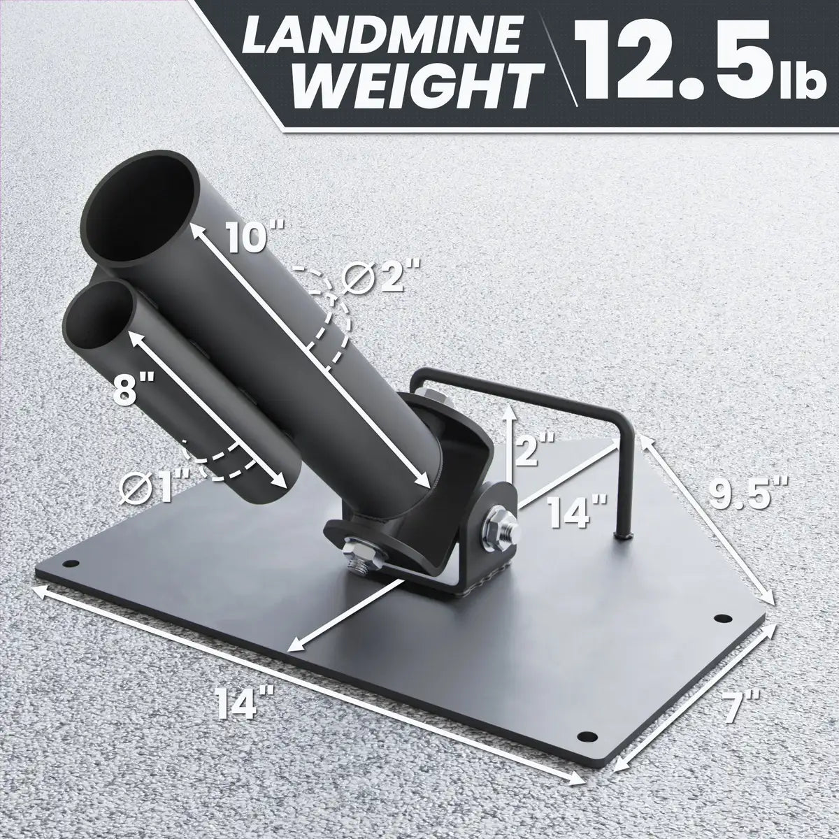Landmine weight platform with two black steel tubes mounted at angles on a gray metal base, labeled 12.5lb with dimension callouts showing 14" base length and 10" tube height.
