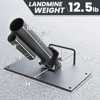 Landmine weight platform with two black steel tubes mounted at angles on a gray metal base, labeled 12.5lb with dimension callouts showing 14" base length and 10" tube height.