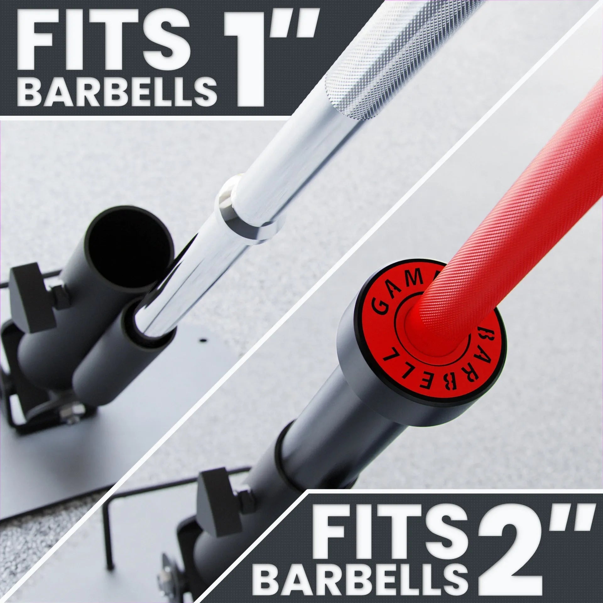 Landmine platform attachment with gray steel shaft and red knurled grip sleeve, compatible with 1" and 2" barbells, shown at an angle on white background with black safety clips visible.