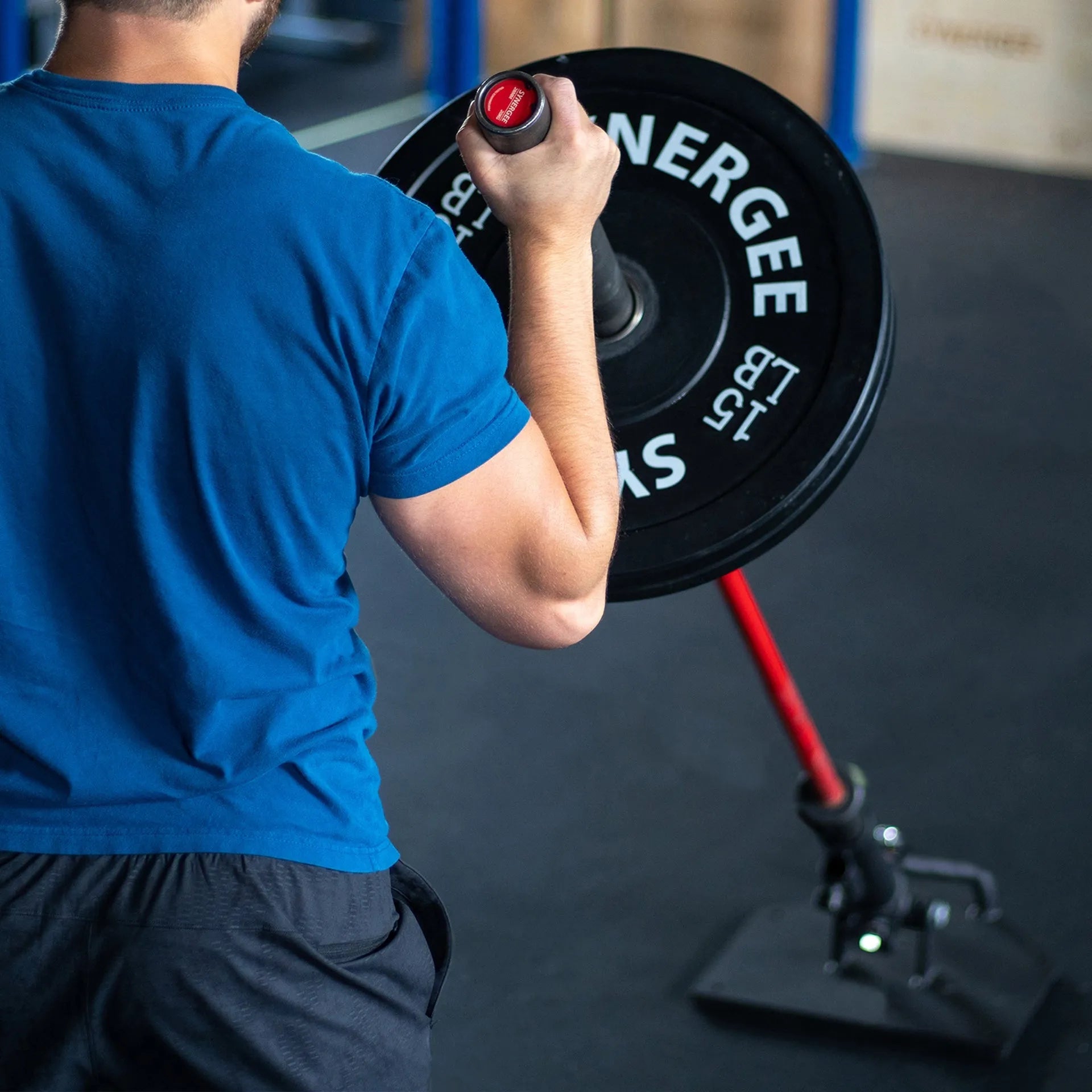 Man performing a bicep curl with a black weight plate loaded on a landmine attachment, wearing a blue shirt in a gym setting.