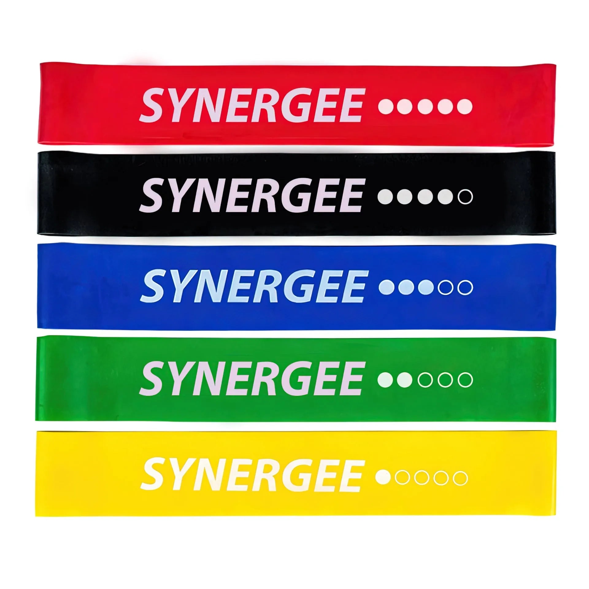 Set of five Synergee resistance loop bands in red, black, blue, green, and yellow with varying resistance levels indicated by filled and unfilled circles on each band.