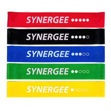 Set of five Synergee resistance loop bands in red, black, blue, green, and yellow with varying resistance levels indicated by filled and unfilled circles on each band.