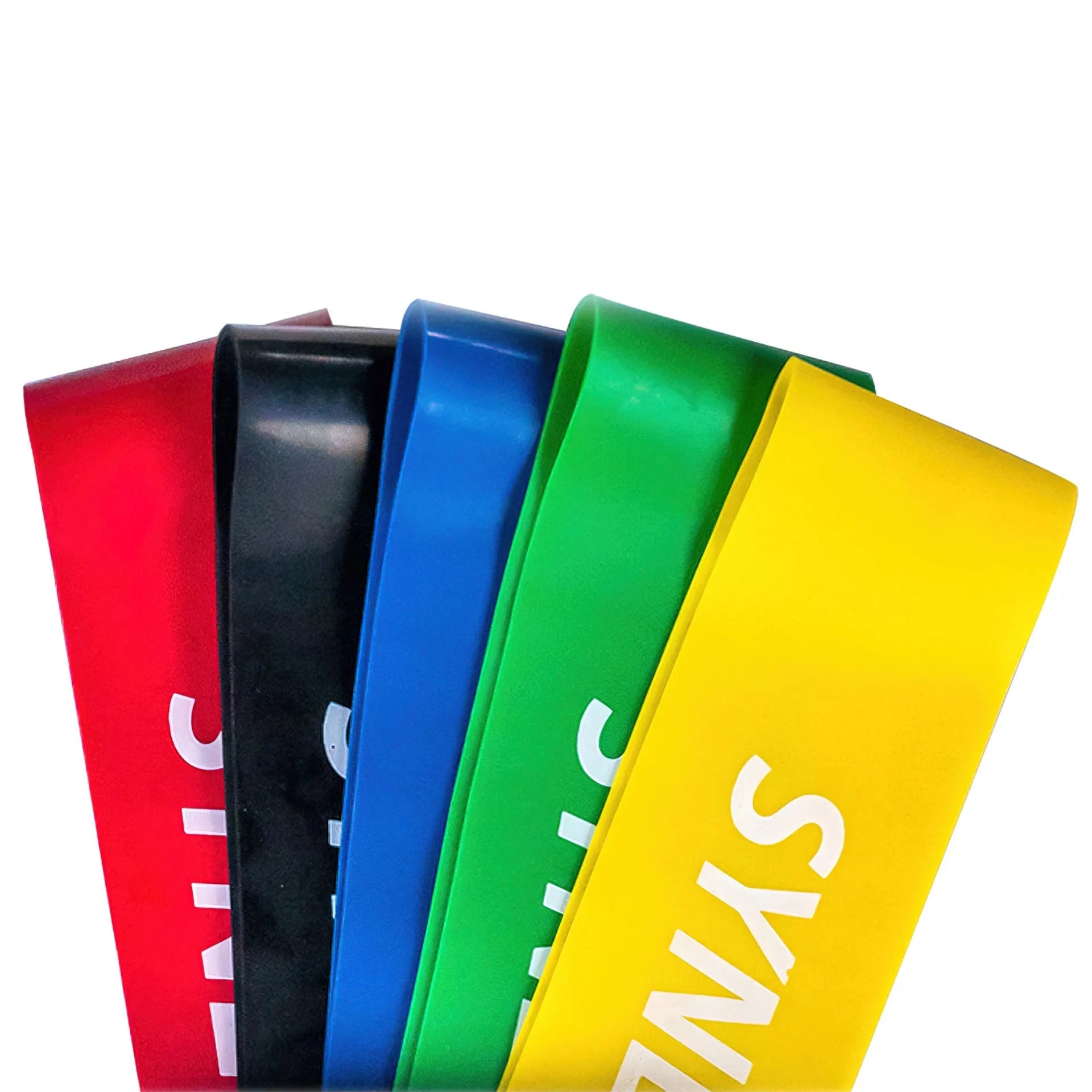 Five resistance loop bands in red, black, blue, green, and yellow with white text on each band, arranged in a row against a white background.