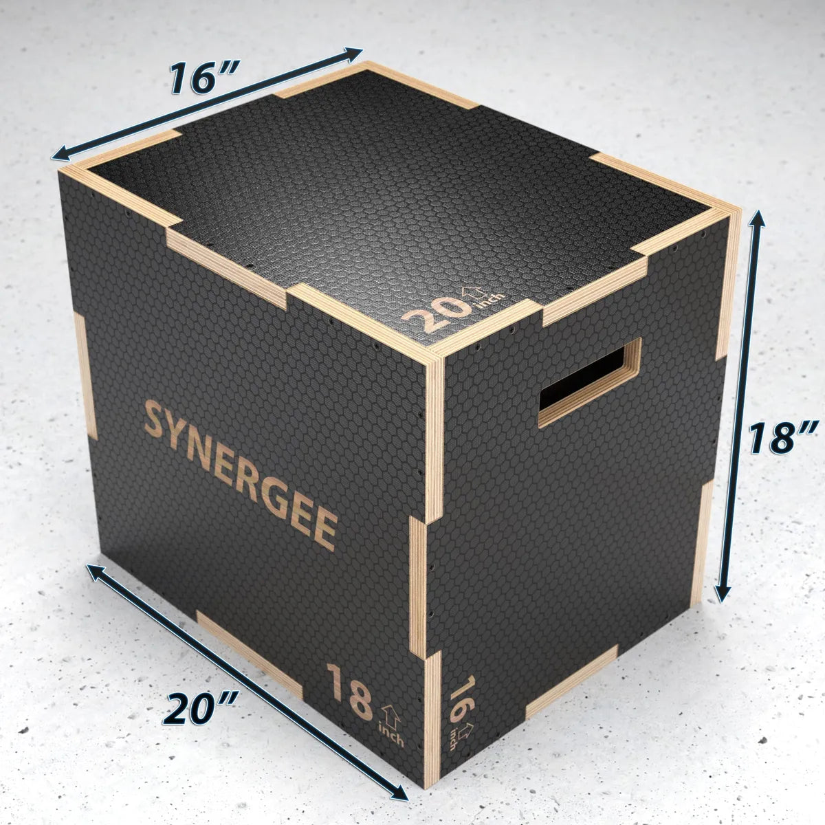 Black and wood plyo box with textured rubber top surface, labeled "SYNERGEE" with dimensions marked as 16" width, 18" height, and 20" depth. Top surface shows 20 lb capacity marking.