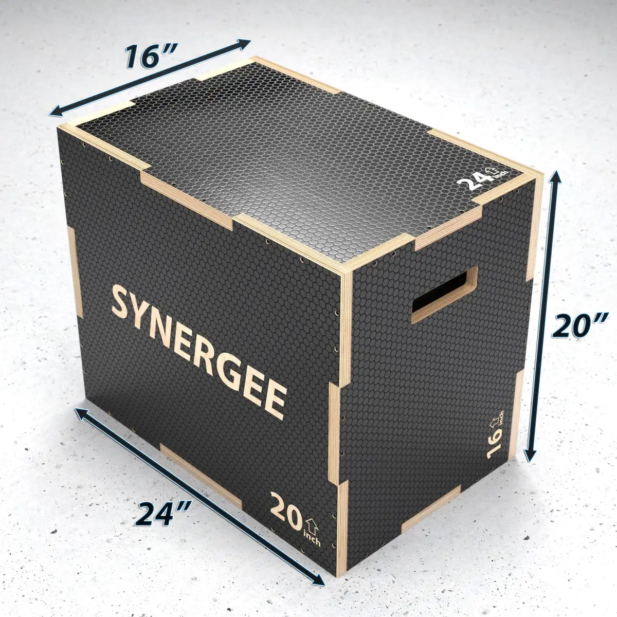 Black rubber-topped wooden plyo box with natural wood frame and handles, measuring 24" x 20" x 16" with textured non-slip surface on top and sides.