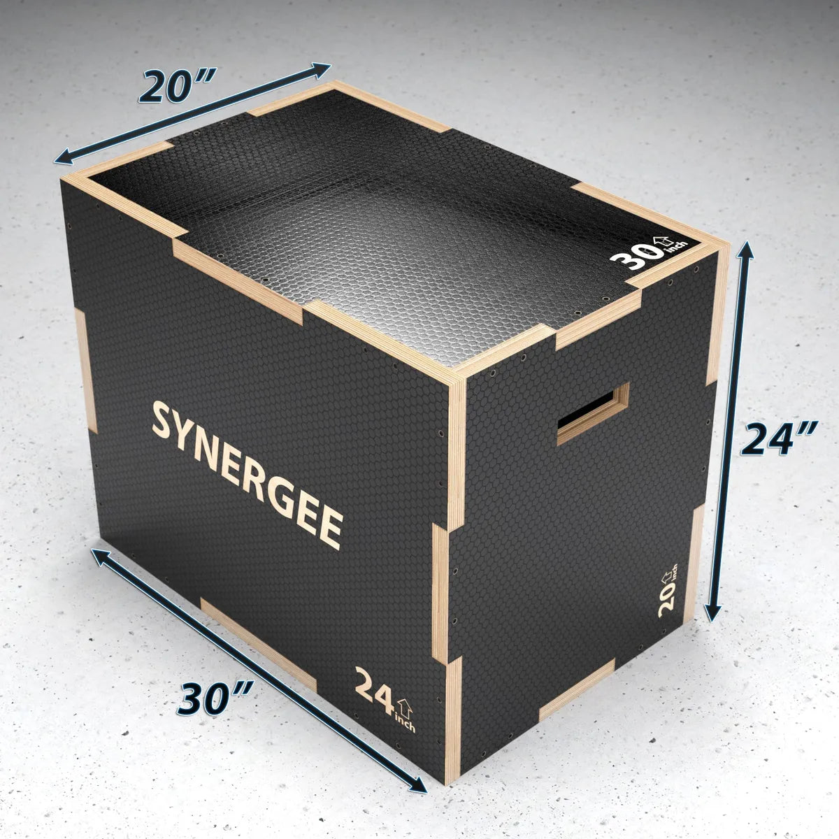 Black and natural wood plyo box with textured rubber surface and top, measuring 20" by 30" by 24" height. Box displays "SYNERGEE" branding and weight capacity markings on sides.
