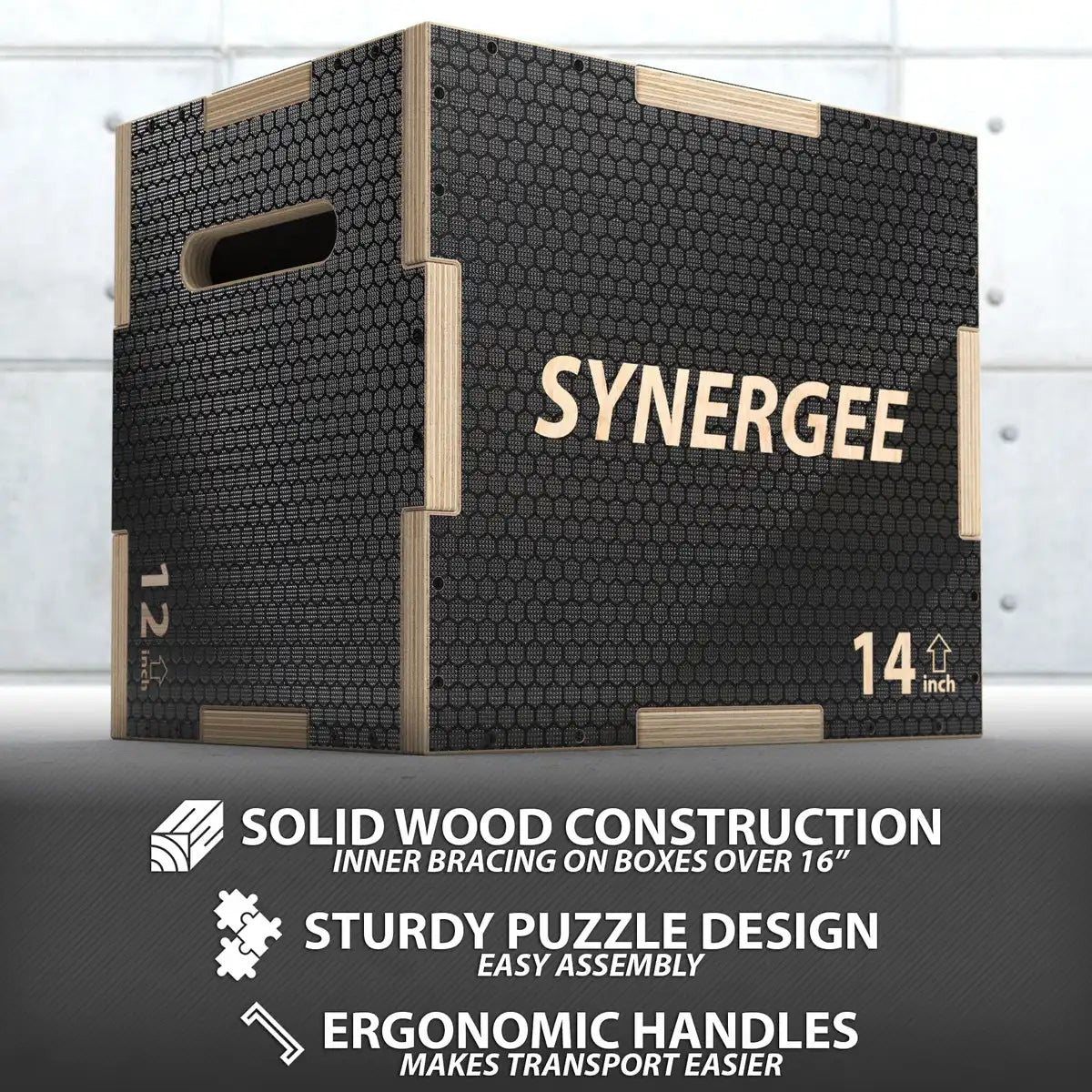 Black hexagonal-patterned wooden plyo box with natural wood frame and handles, labeled "SYNERGEE" and marked "14 inch" height.