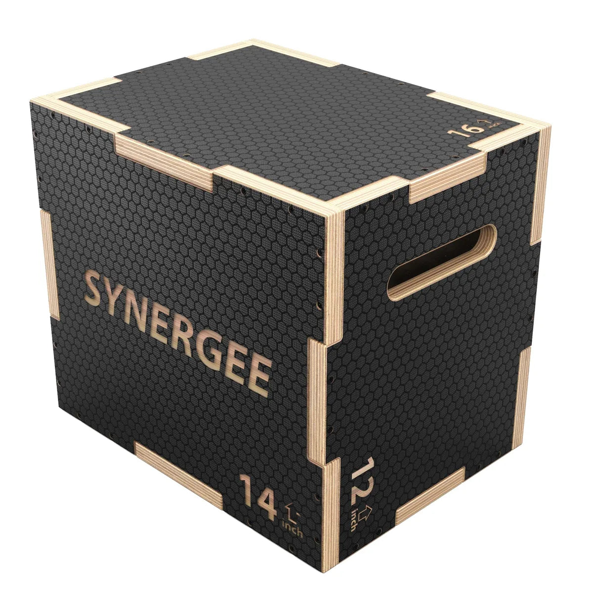 Synergee wooden plyo box with black rubber-textured top surface, natural wood edges, and side handles. Box labeled "14 inch" with textured rubber coating on all sides for non-slip grip.